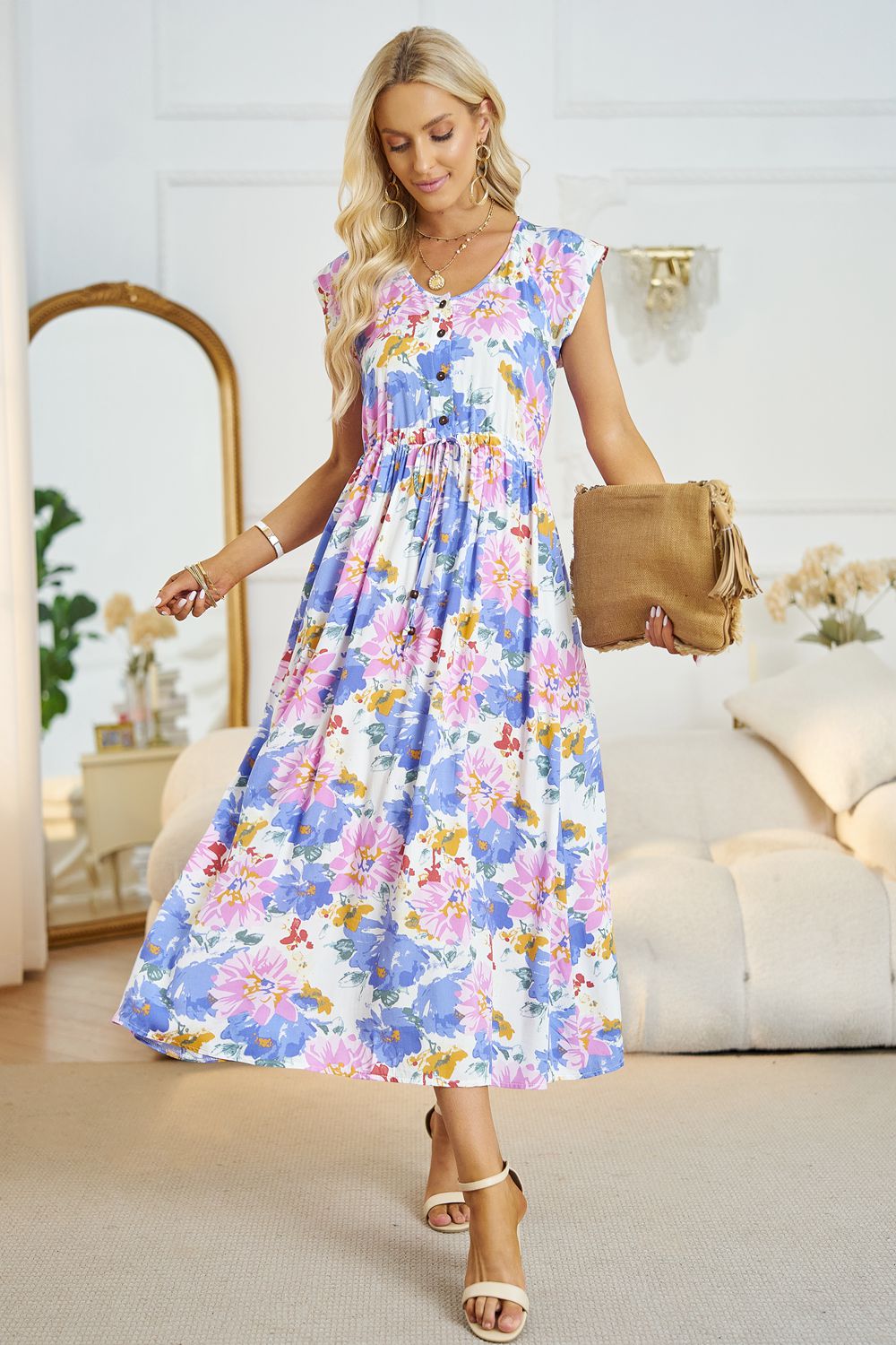 Floral V-Neck A-Line Midi Dress