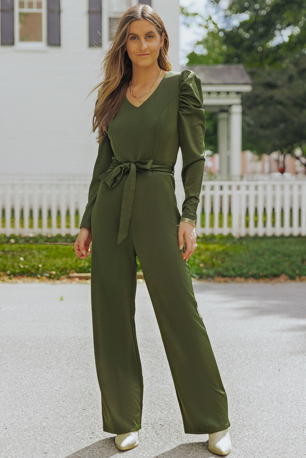 Belted Long Puff Sleeve V-Neck Jumpsuit