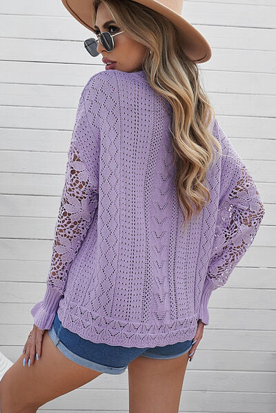 Openwork Lantern Sleeve Dropped Shoulder Sweater