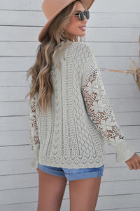 Openwork Lantern Sleeve Dropped Shoulder Sweater