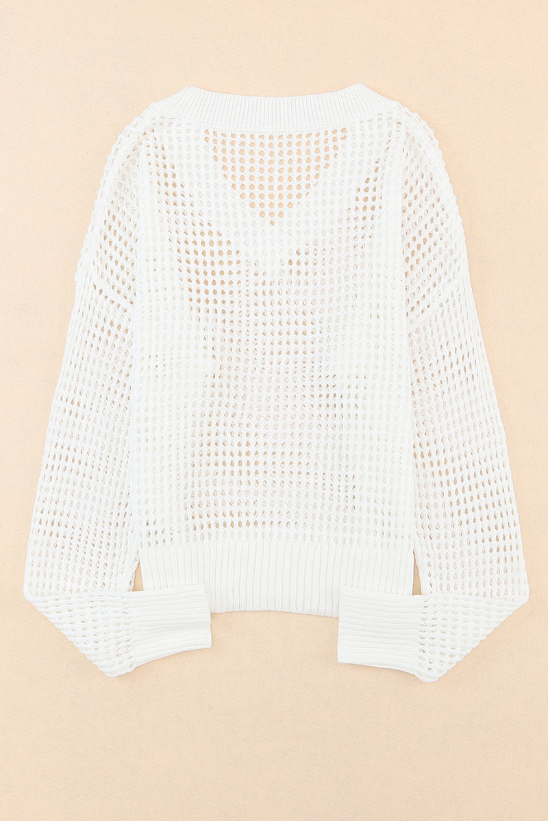 Openwork V-Neck Dropped Shoulder Knit Top