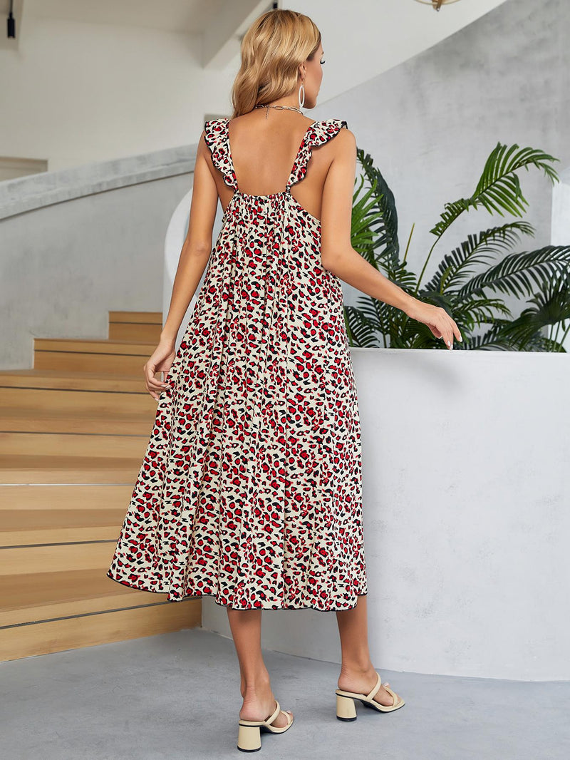 Printed Ruffled Sleeveless Midi Dress