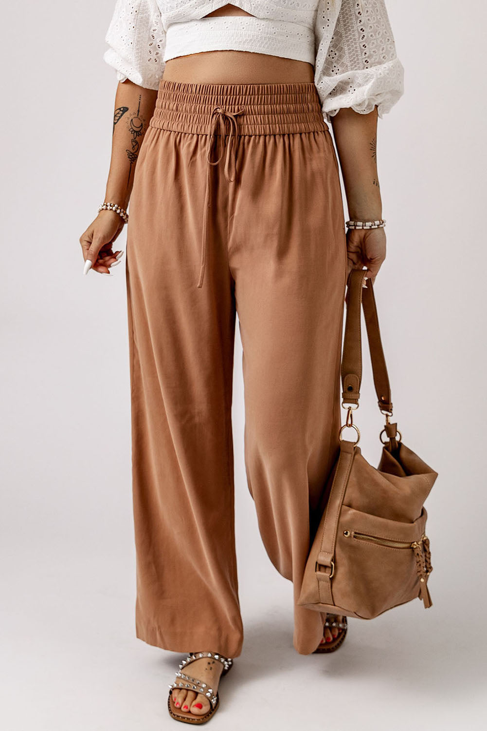 Drawstring Smocked Waist Wide Leg Pants