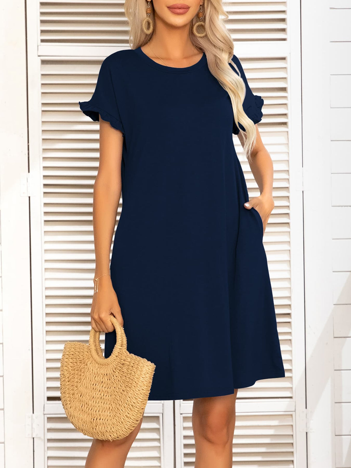 Round Neck Flounce Sleeve Dress with Pockets