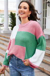 Round Neck Color Block Dropped Shoulder Sweater