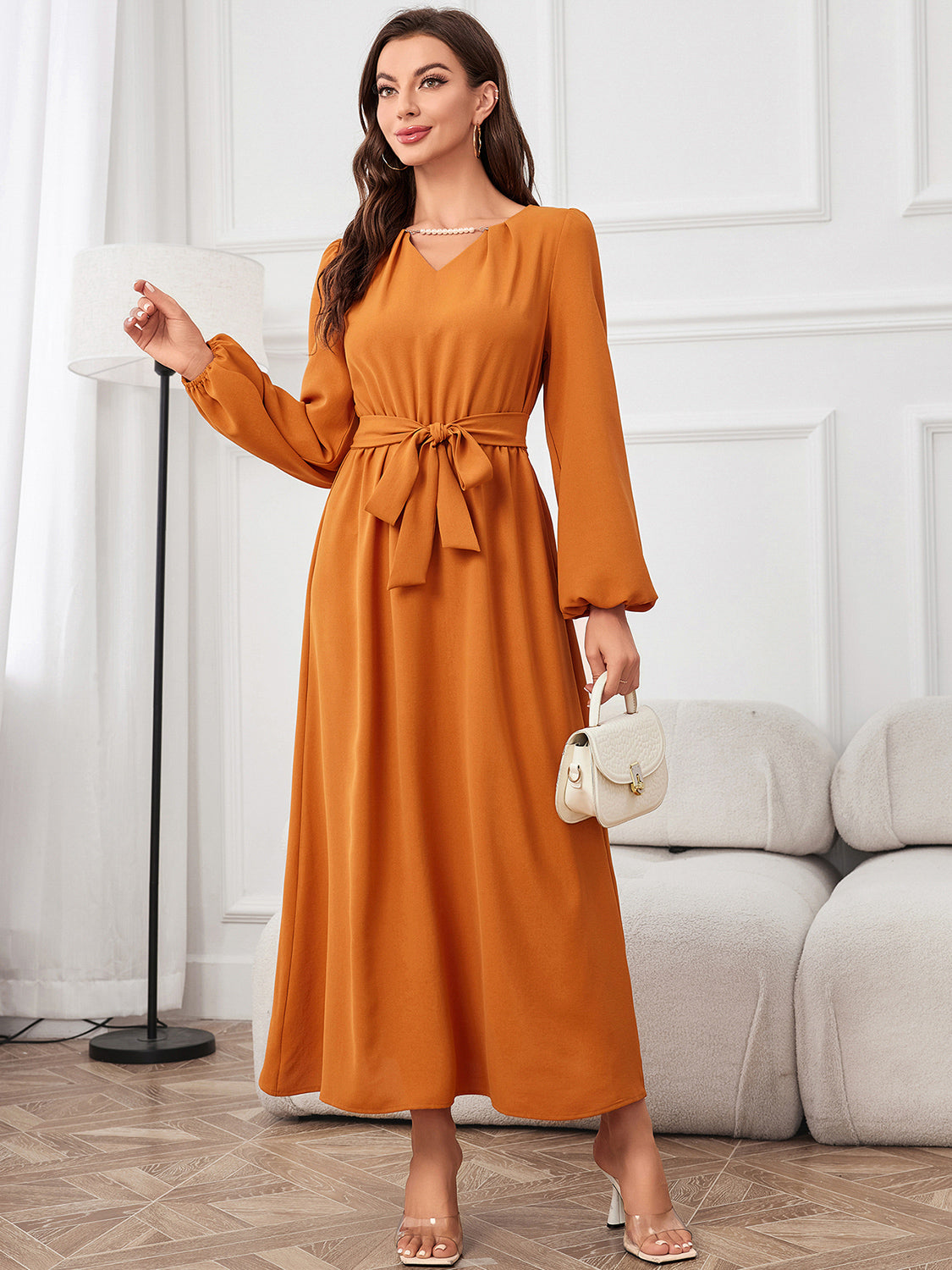 Tie Waist Puff Sleeve Maxi Dress