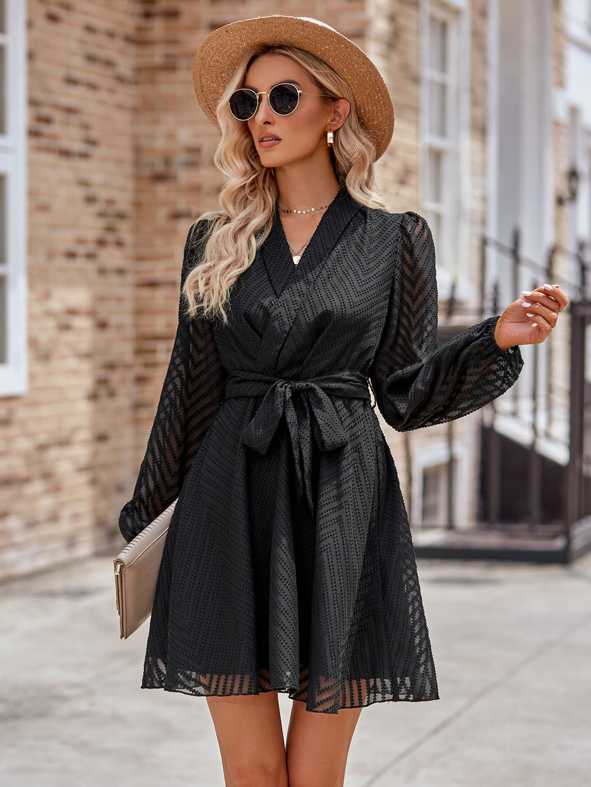 Belted Surplice Neck Long Sleeve Mini Dress