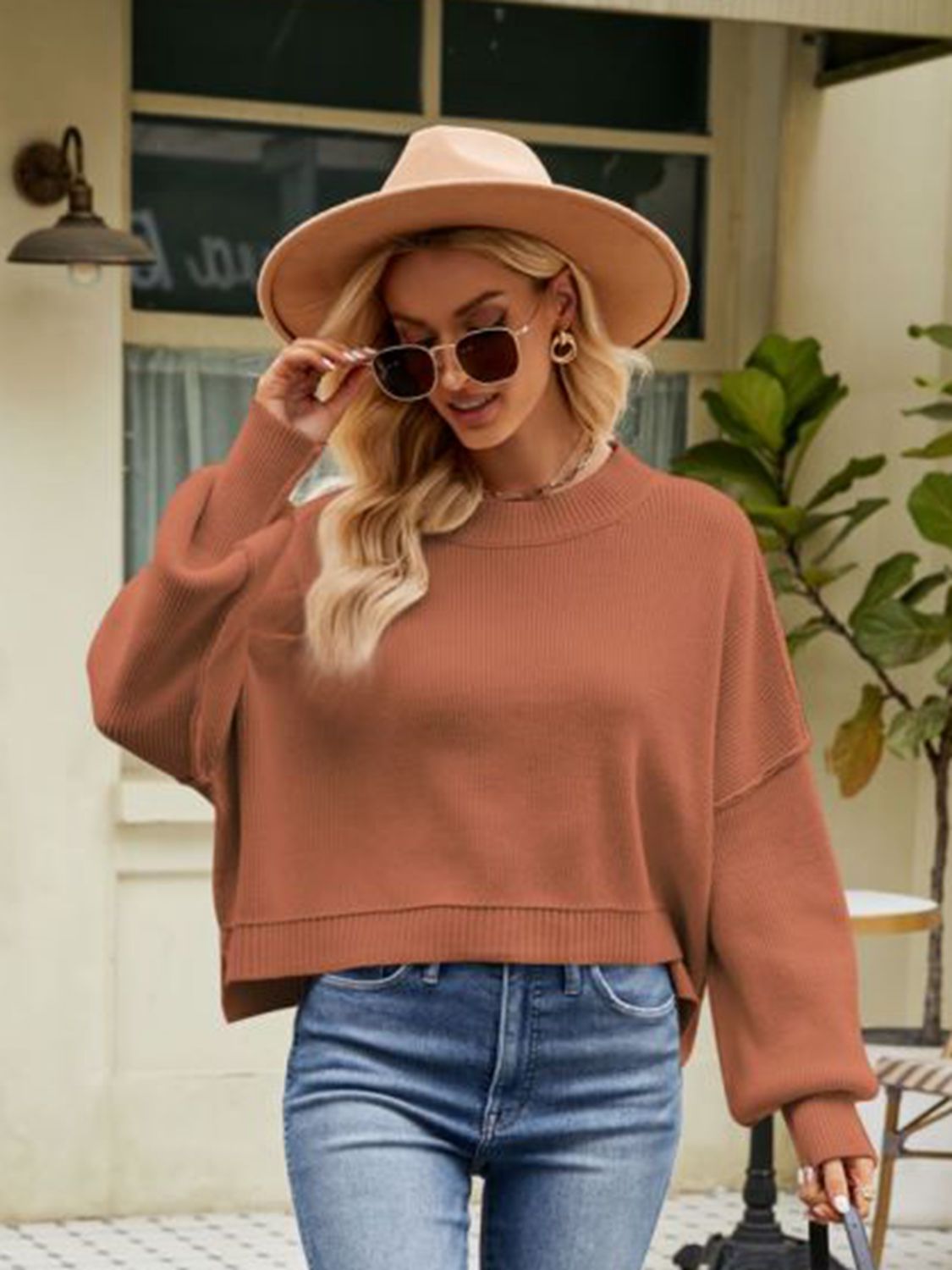 Round Neck Dropped Shoulder Sweater