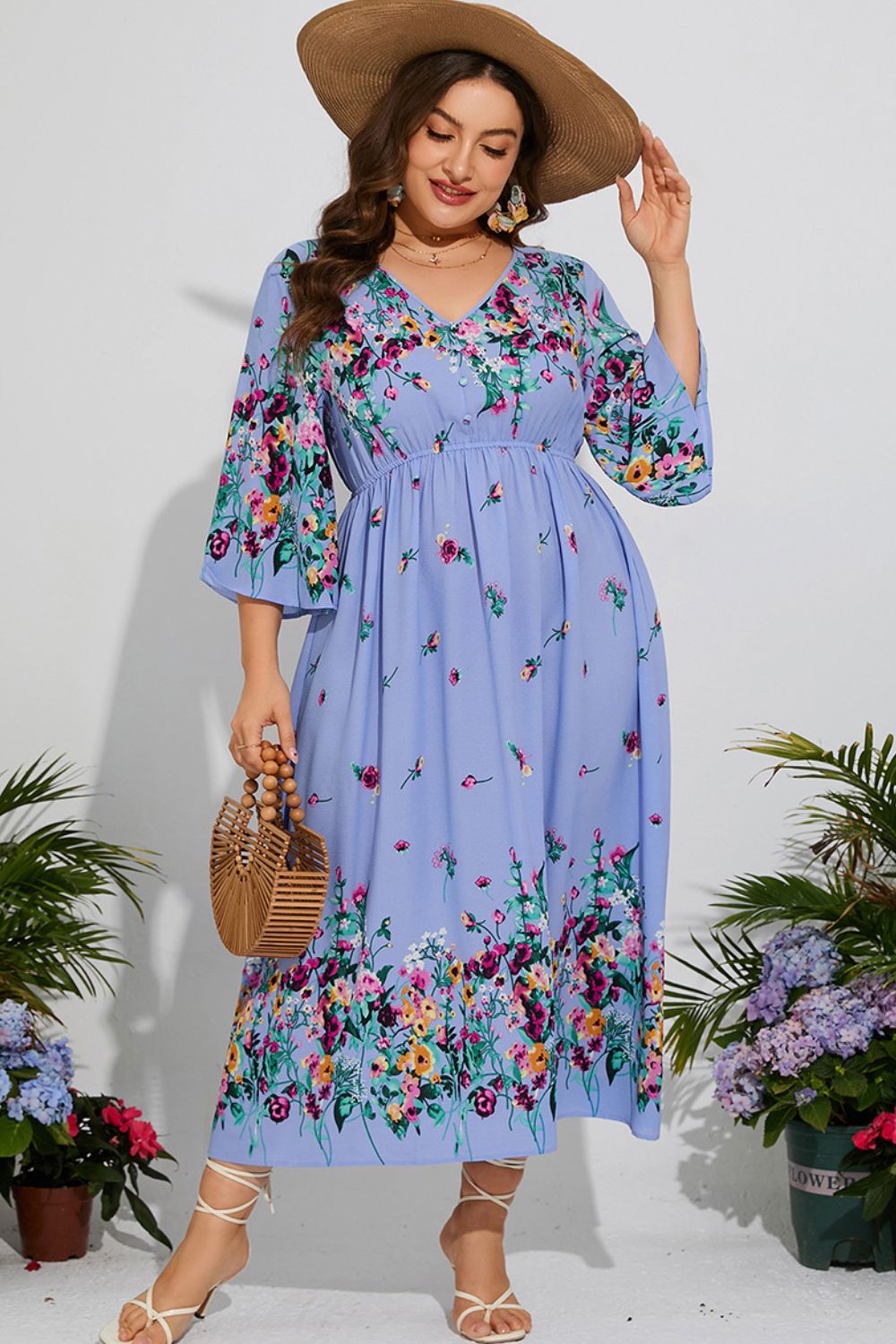 Plus Size Floral V-Neck Three-Quarter Sleeve Midi Dress