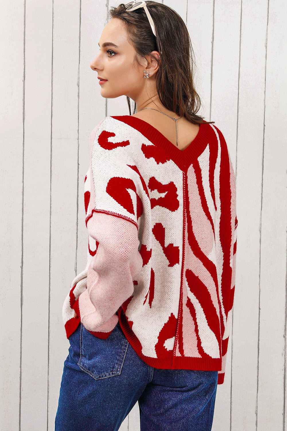 V-Neck Printed Dropped Shoulder Sweater