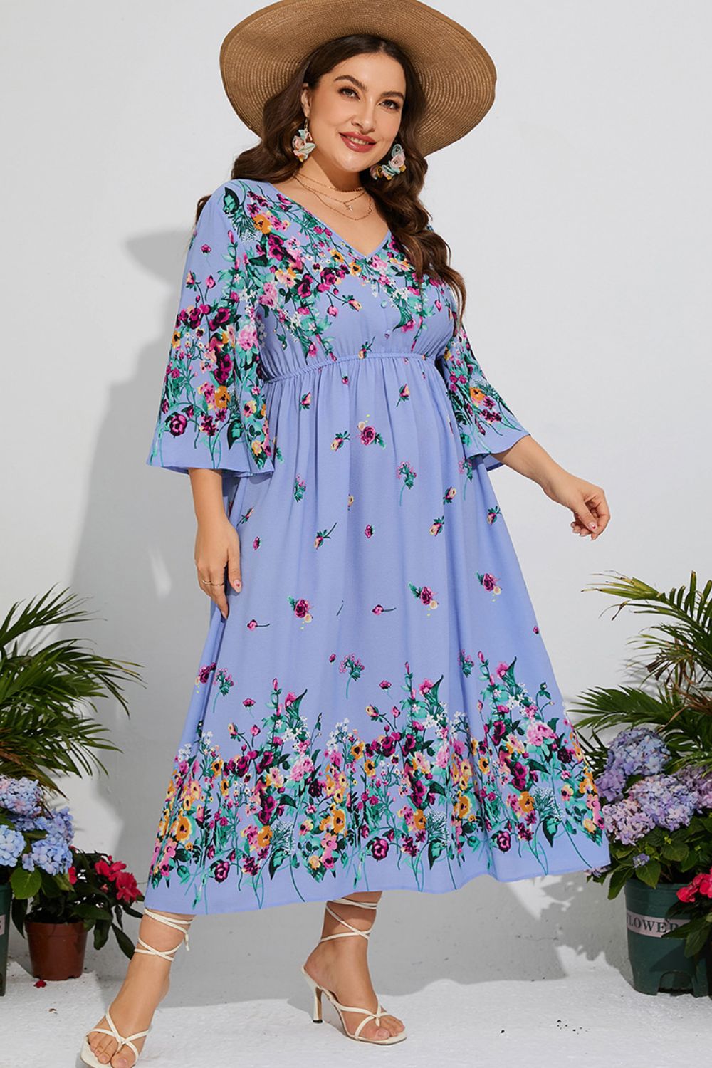 Plus Size Floral V-Neck Three-Quarter Sleeve Midi Dress